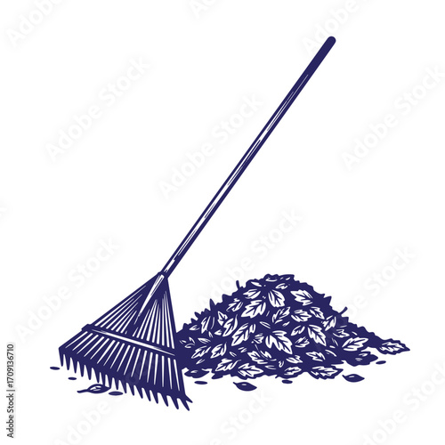 A monochrome illustration of a rake gathering a pile of autumn leaves outdoors