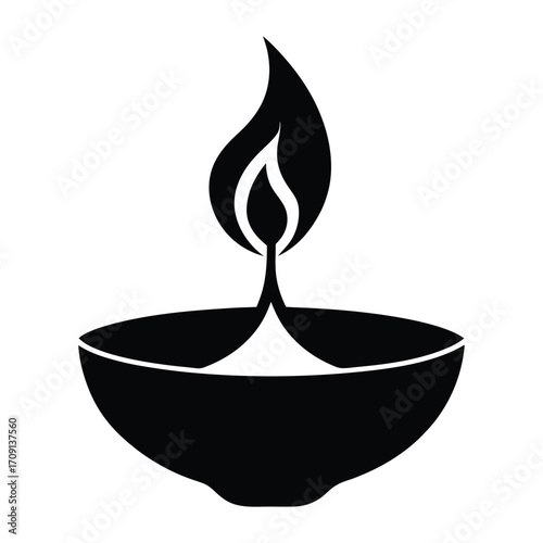 Simple black silhouette of a lit oil lamp with a bright flame glowing warmly