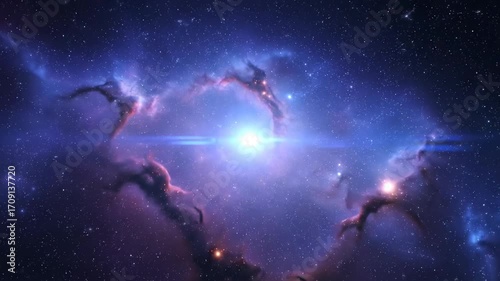 A celestial deep space blue flare pulses with gentle light, illuminating swirling nebulae in a seamlessly looping abstract galaxy sophisticated, looping, flare