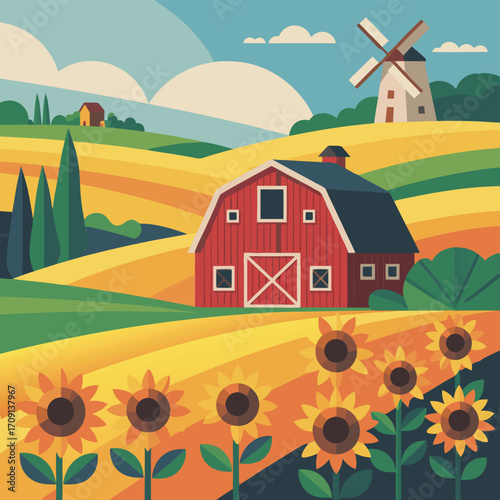 A picturesque countryside vista with a barn nestled among rolling hills, sunflowers in bloom, and a distant windmill, capturing the essence of rural beauty