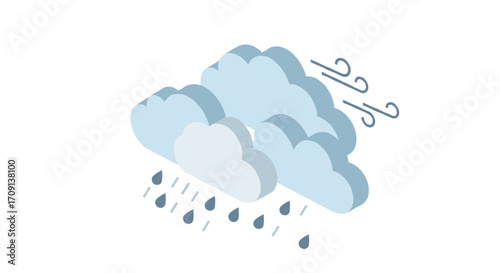 Isometric cloud and rain icon with wind elements for weather forecasts