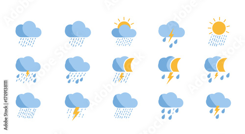 Weather icons set: sun, clouds, rain, lightning in flat design