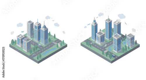 Isometric urban cityscapes with modern skyscrapers and green parks