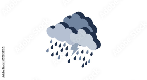 Isometric storm cloud with rain and lightning in modern design