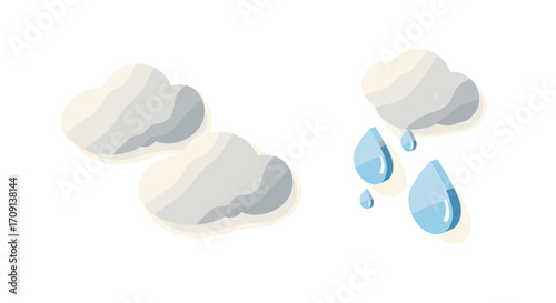 Soft cloud icons with raindrops in minimal 3d style for weather applications