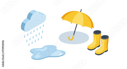 Isometric rainy weather essentials: umbrella, boots, cloud, puddle
