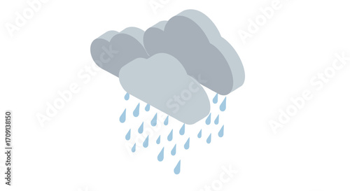 Isometric cloud with raindrops on white background