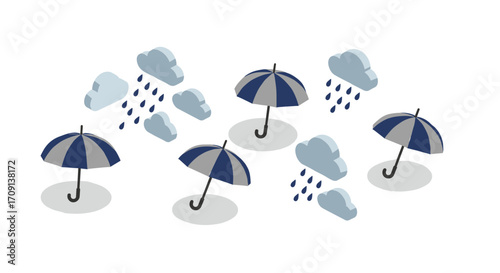 Isometric umbrellas and raindrops with clouds in modern design