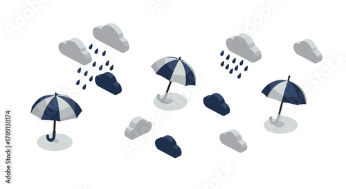 Isometric umbrellas with clouds and raindrops on white background