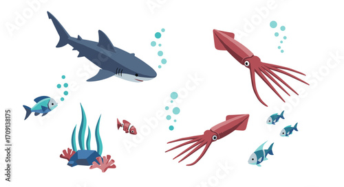 Marine life scene with shark and squid in underwater environment