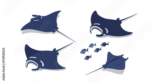 Stylized manta rays and fish in motion against white background