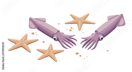Realistic squids and starfish among sand on white background