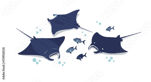 Graceful manta rays and fish underwater in minimalist flat design