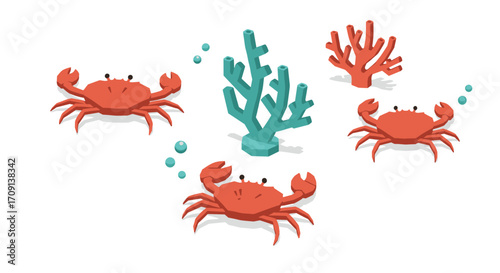 Isometric ocean scene with crabs and coral