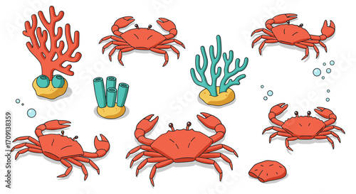 Playful cartoon crabs and coral scene in a vibrant marine environment
