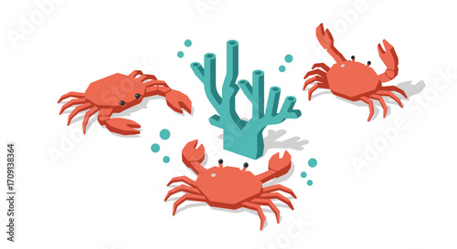 Isometric coral reef scene with red crabs and bubbles