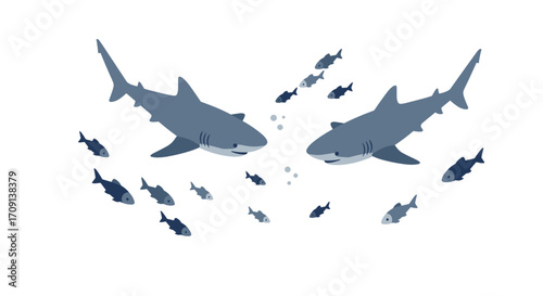 Minimalist shark group with fish on white background