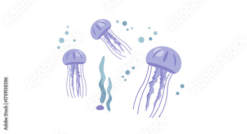 Elegant flat design of purple jellyfish swimming amidst bubbles and seaweed