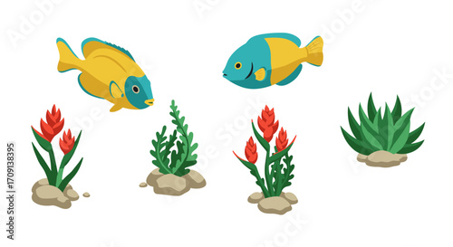 Colorful aquatic life with vibrant fish and plants in isometric style
