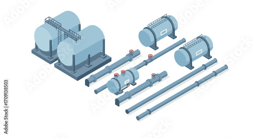 Isometric industrial equipment featuring large storage tanks and piping system