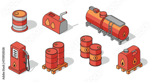 Isometric fuel containers and pumps in red and orange tones for energy projects