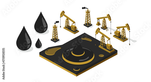 Isometric oil industry scene with pumpjacks and oil drops