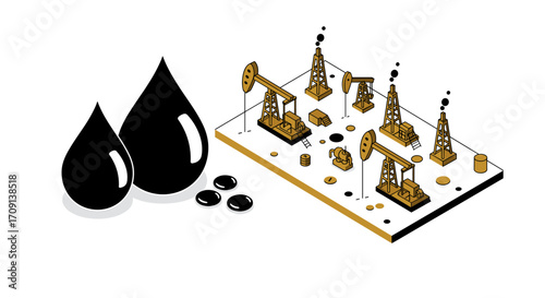 Isometric oil extraction scene with pumpjacks and oil drops on white background