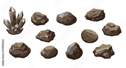 Assorted natural stones and crystals on white background for design