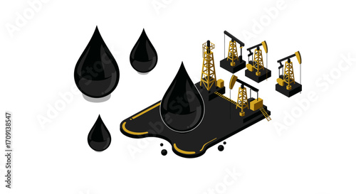 Isometric oil industry scene with oil drops and pump jacks