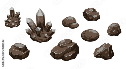 Set of mineral rocks and crystals on white background