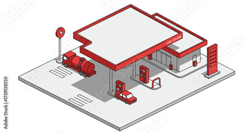 Modern isometric gas station with electric charging spot and vehicles