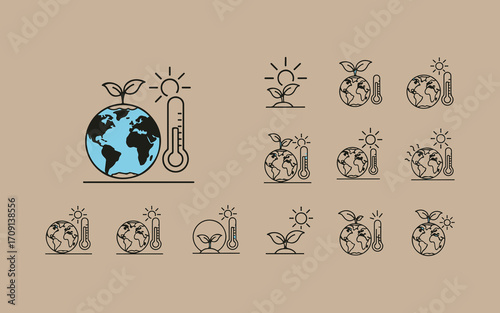 Collection of environmental icons showing global warming and sustainability concepts