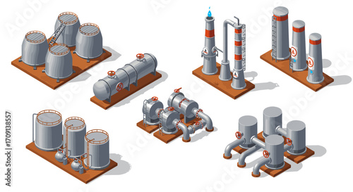 Isometric industrial pipelines and storage tanks in oil refinery design