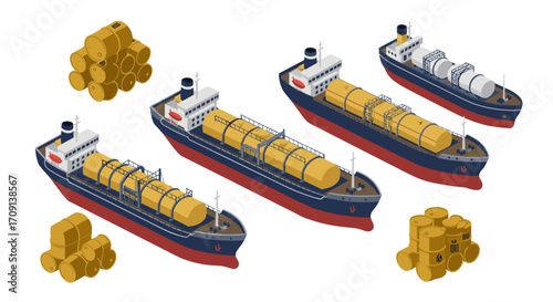 Isometric cargo ships with oil barrels: maritime transport concept