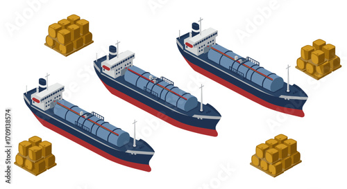 Isometric oil tanker ships and cargo in maritime shipping illustration