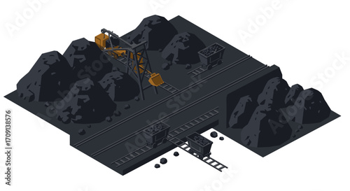 Isometric coal mining scene with industrial conveyor and rail system