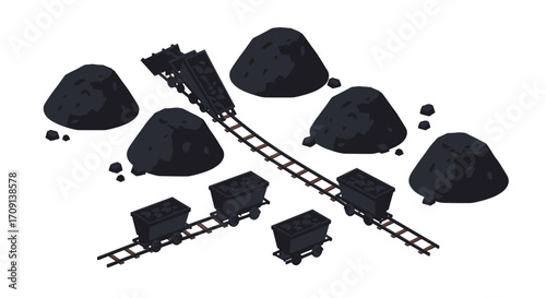 Isometric mine scene with coal carts and rocks on tracks
