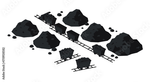 Isometric coal mining: industrial carts on tracks with black rock scenery