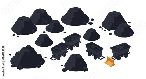 Isometric coal mining elements with rocks and carts on white background