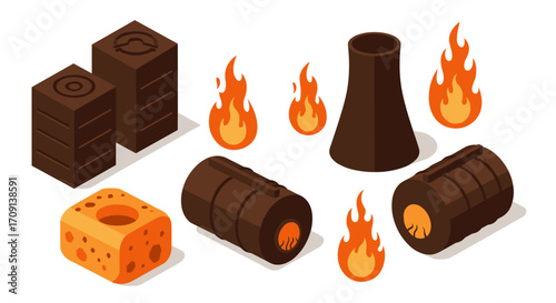 Isometric industrial elements with flames and reactor core icon