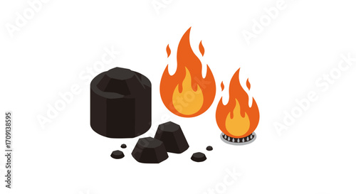 Isometric charcoal and flames: energy source and fire elements illustration