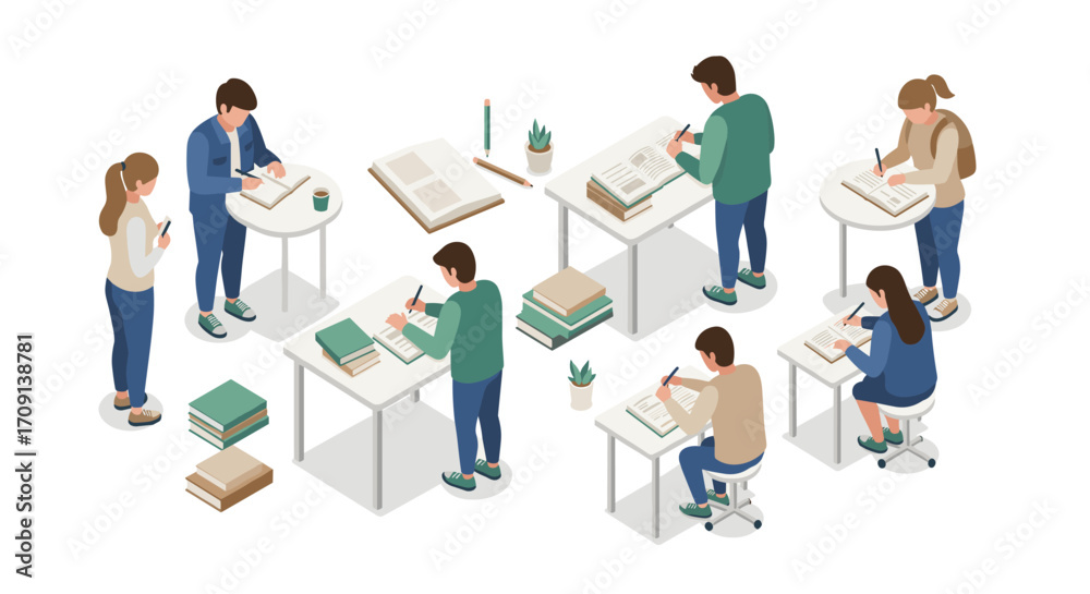 Obraz premium Isometric classroom scene with students studying and writing in a modern learning environment