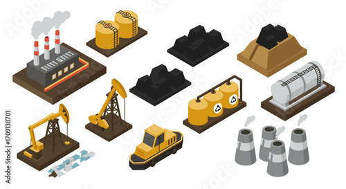 Isometric industrial icons: oil rig, factory, storage tanks, mining, heavy machinery, pipelines