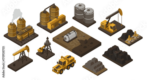 Industrial oil and gas equipment in isometric style featuring machinery, tanks, and pipelines