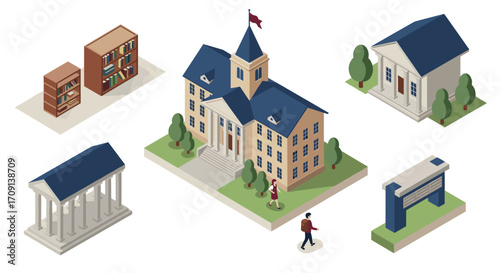 Isometric university campus set with buildings, library, and students