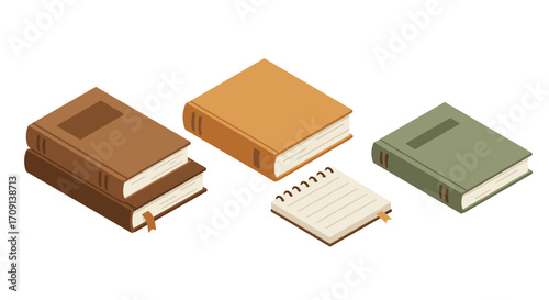 Isometric books and notebook set in earth tones for educational and decorative use