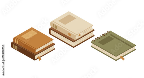 Isometric books and notebook with bookmarks on white background