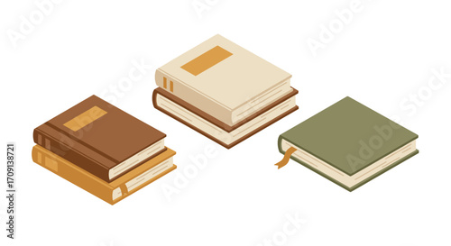 Vintage book collection in isometric style featuring three distinct hardcover designs