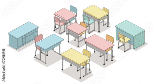 Colorful isometric school desks and chairs on white background