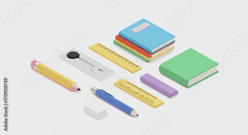 Colorful school supplies isometric design with books and stationery on white background